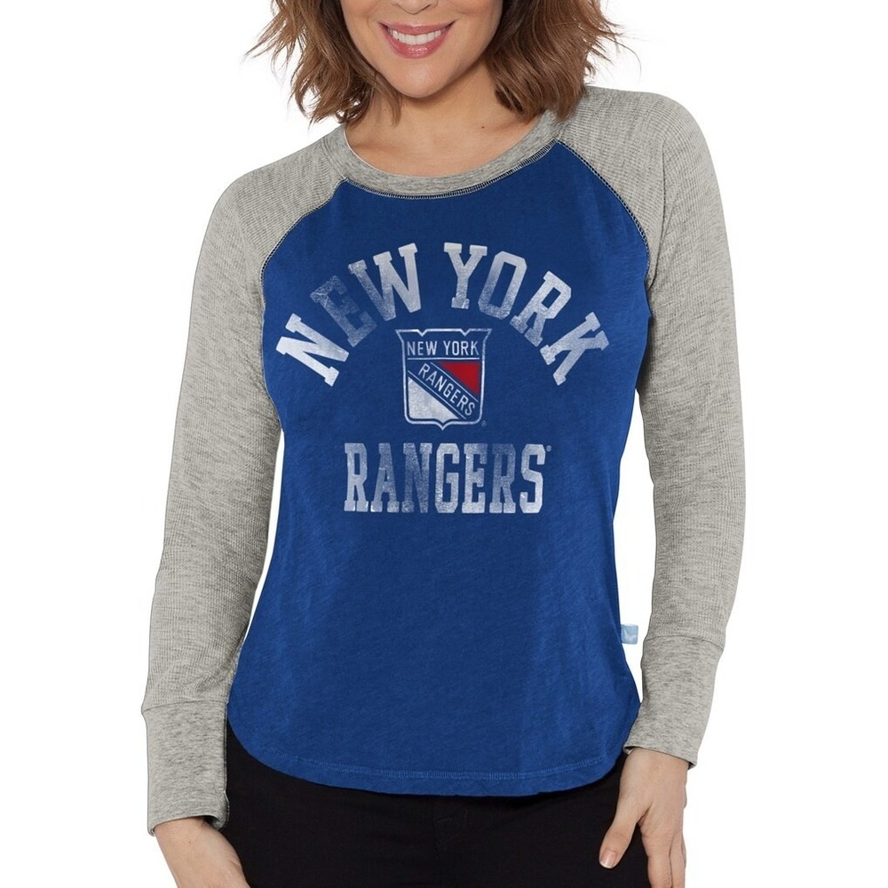 New York Rangers NHL‎ Raglan Shirt Women's XL Blue Grey Waffle Long Sleeve New